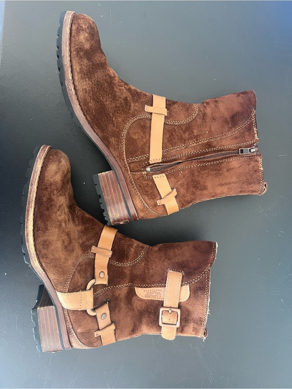 Brown Suede Harness Ankle Boots with Tan Straps